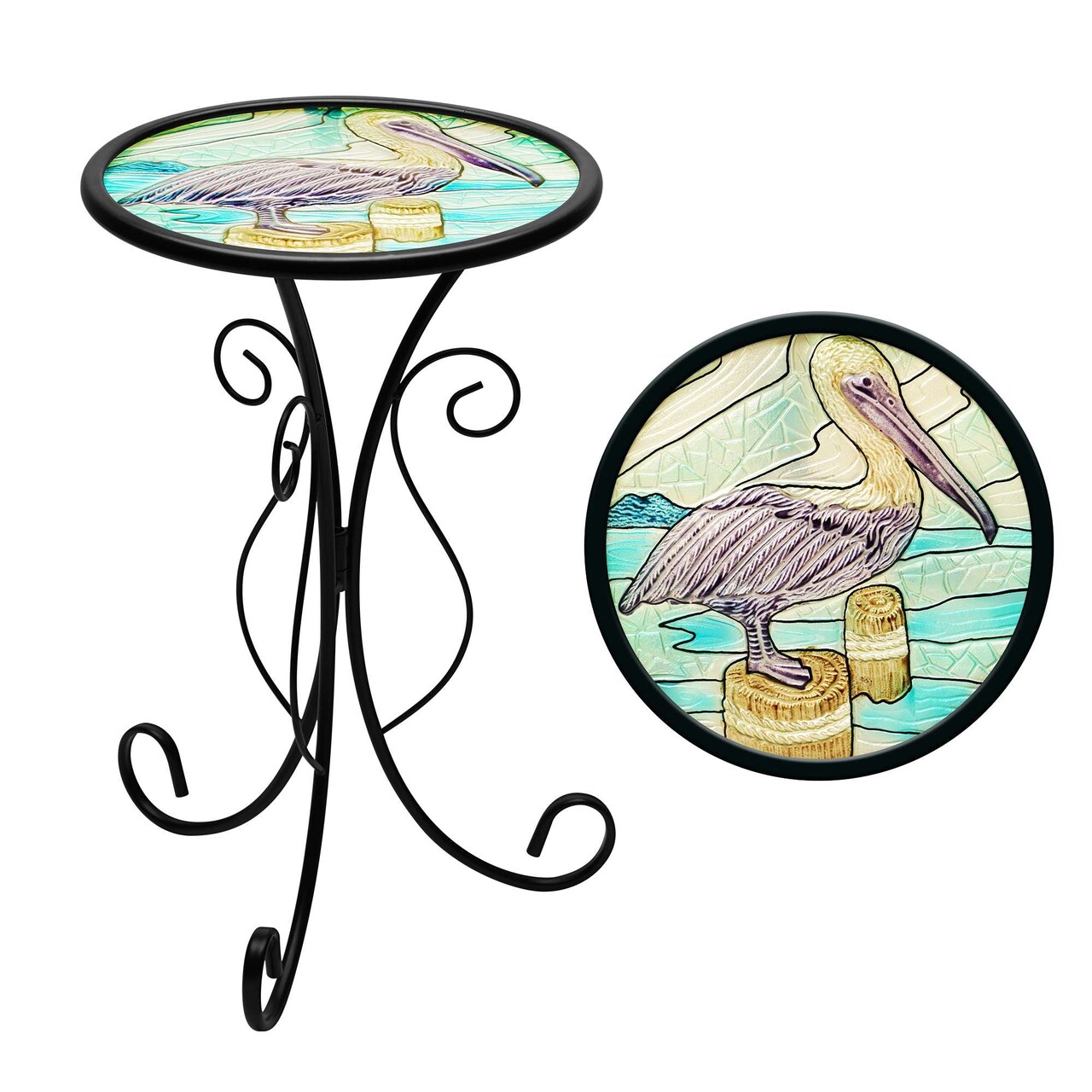 G128 12 in Round Glass Outdoor Side Table Pelican Pattern | Decorative Plant Stand, Small End Table for Garden Patio Porch Living Room